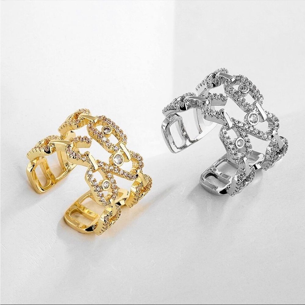 Luxury Silver Gold Diamond Cubic Zirconia Open Cut Design Rings New In Gift Box